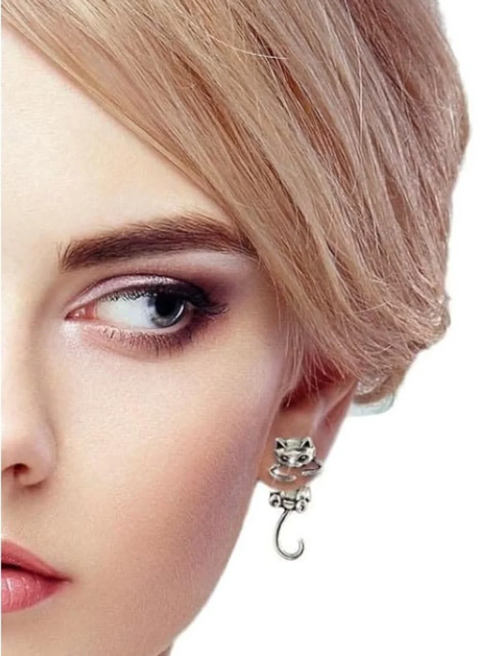 Fashion Jewelry Silver Cat Dangle Earrings - Cute Curled Tail